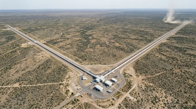 A gravitational wave detector facility photographed from above shows the two perpendicular beam tube arms extending four kilometers each into flat scrubland landscape
