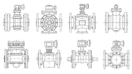 Obraz premium Industrial valve design schematics from multiple perspectives
