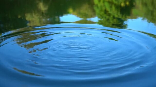 Water ripple effect on blue lake surface reflecting green trees, nature background