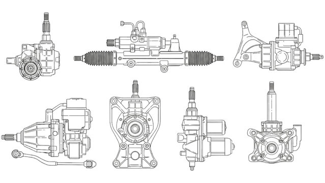 Mechanical engineering components, schematic diagrams of automotive steering systems