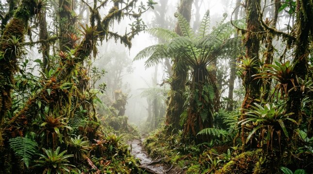 A high-altitude cloud forest at three thousand meters is buried in orographic mist, every surface dripping with captured cloud moisture, epiphytic mosses and bromeliads