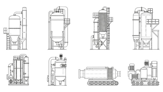 Set of detailed industrial machinery line art for manufacturing processes