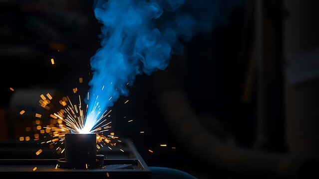 brazing. A brazing torch casting blue-white light and sparks on metal in a dim workshop. safety posters, maintenance manuals, designed for industrial assembly lines and welding operations.
