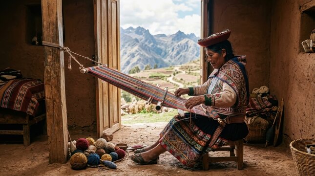 A traditional Andean weaver working at a backstrap loom stretched between a doorpost and her own body, extraordinarily complex geometric patterns emerging row by row in