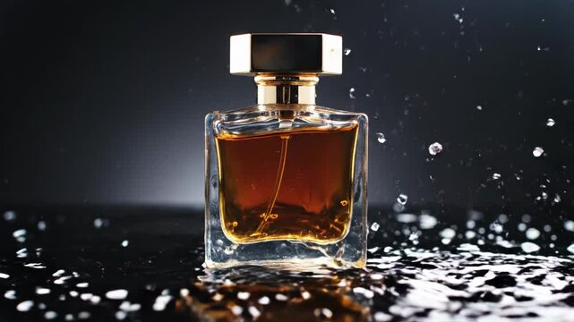 Luxury glass perfume bottle with gold cap and amber liquid on a black surface with a water splash and droplets, dark studio background, elegant cosmetic product photography.
