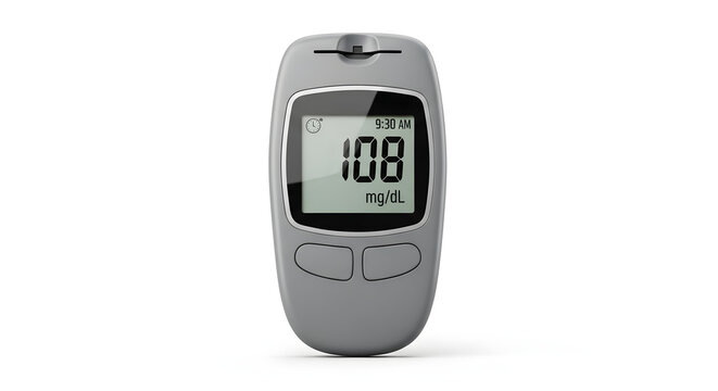 Essential portable blood glucose meter displaying 108 mg/dL, a critical device for daily diabetes management and personal health monitoring, isolated on a white studio background