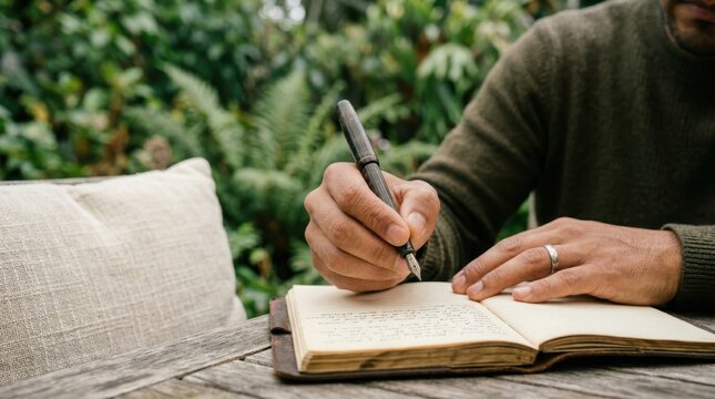 close-up of the latino male's hands as he writes in a journal, with a pen poised above the open pages, a cozy cream cushion in soft focus nearby. this intimate detail