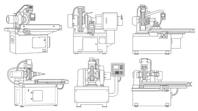 Industrial machinery drawings of different types of grinding machines