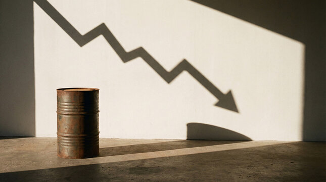 Rusty oil barrel casting a shadow of a downward arrow on a wall, symbolizing a decline in oil prices or economic downturn.