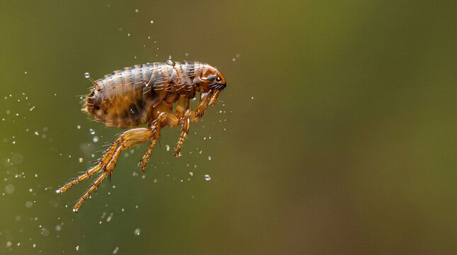 Macro freeze-frame of a flea (Siphonaptera) mid-jump with hind legs fully extended with wide copy space