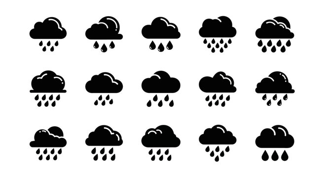 Black Rain Cloud Weather Icons Set.