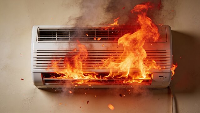 An air conditioning unit is on fire, emitting flames and smoke. The wall behind it is beige, and debris is scattered around the base of the unit.