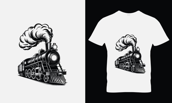 Black and white vintage steam locomotive on t shirt mockup