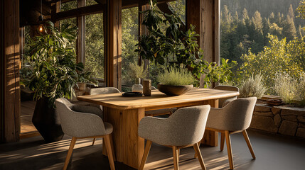 Fototapeta premium Wooden Dining Room with natural view: A beautifully lit wooden dining space seamlessly merges indoor comfort with the serene beauty of the natural world.