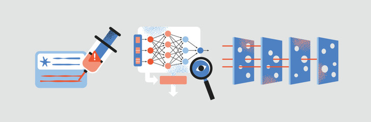 Fototapeta premium Advanced AI Safety and Cybersecurity Concept Set: Illustrating Prompt Injection Attacks, Neural Network Transparency Analysis, and Multi-Layer Defense Filtration for Secure Machine Learning Systems.