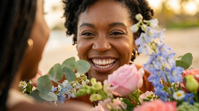 an intimate close-up shot of the black female entrepreneur's joyful expression as she discusses ideas with a client, framed within a lush arrangement of vibrant flowers