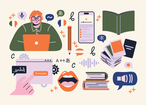 Flat Vector Illustration of Online Language Learning and Education Concept Featuring a Person at a Laptop, Digital Translation Tools, Mobile App, Flashcards, Books, and Audio Speech Bubbles