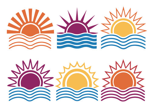 Six stylized sun graphics above four blue wave lines showing ray shapes like rectangles and spikes in orange, purple, and yellow hues on white.