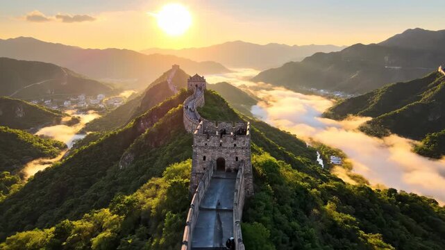 Aerial view of the Great Wall of China at sunrise with golden light and morning mist in valleys, stone watchtowers winding along lush green mountain ridges under direct sunlight.