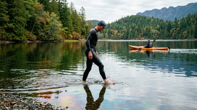 from a low angle, the scene features the swimmer entering the lake with the kayak gliding smoothly in the background. the tranquil water creates gentle reflections of