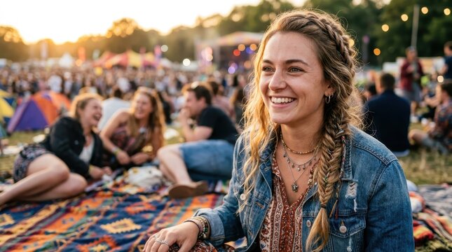 a close-up shot of the 22-year-old white female festival-goer, her hair strands transitioning from loose to beautifully braided, capturing the vibrant outdoor atmosphere