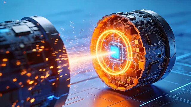 Two circular electronic devices with orange glow on blue tech background