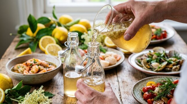 a close-up of a person's hands as they pour elderflower cordial into swing-top bottles, showcasing the texture of the cordial as it cascades into the glass. the setting