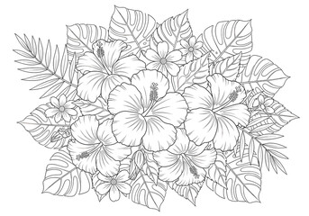 Fototapeta premium Hibiscus flowers tropical arrangement with lush leaves detailed outline coloring page