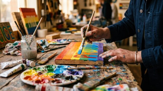 a medium close-up focuses tightly on the young white male artist's hands as they deftly brush vibrant colors onto a pride sign. the chaos of color from the palette and