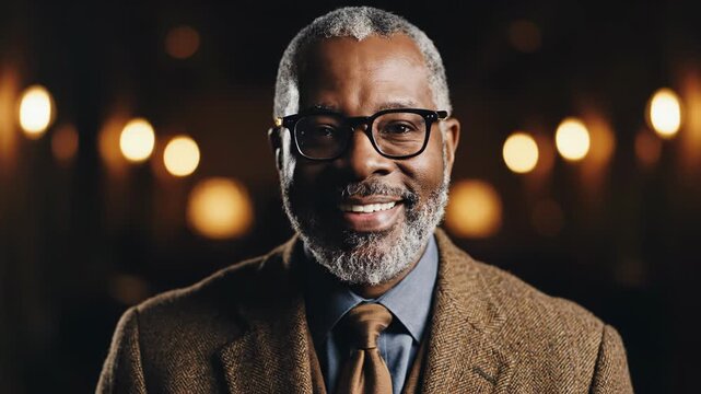 Headshot of a mature African American businessman with graying hair and beard wearing professional attire, including a brown tweed suit jacket and glasses, indoors.