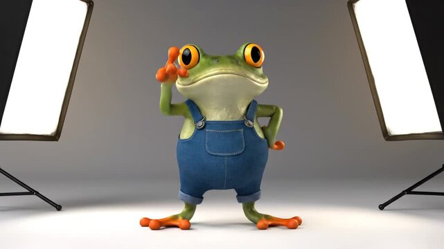 Charming 3D Cartoon Frog in Overalls Poses in Professional Photo Studio.