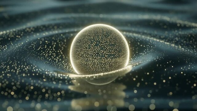 A futuristic digital technology concept shows a glowing sphere surrounded by swirling particles and neon lights in a dark space.
