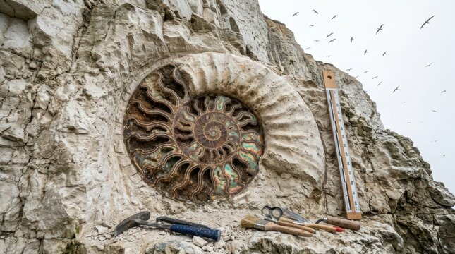 A fossilized ammonite specimen the size of a cartwheel is partially excavated from a chalk cliff face, spiral chamber geometry exposed in cross-section revealing