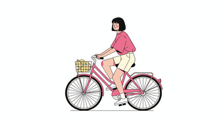 Fototapeta premium Young Woman Riding Bicycle Isolated on Clean Background with Copy Space Illustration
