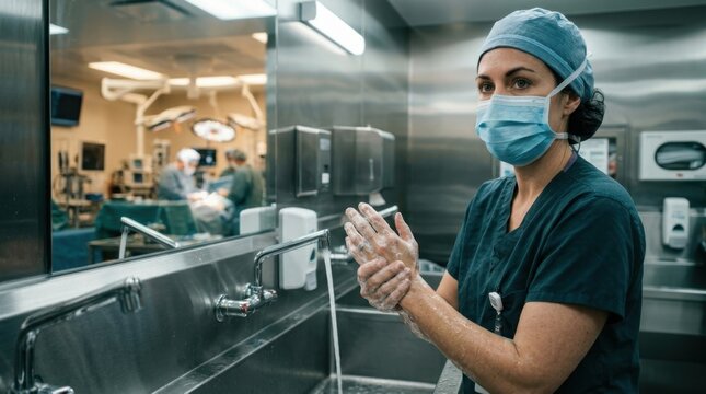 A trauma surgeon scrubbing in at a stainless steel sink before an operation, water cascading over gloved hands in slow motion, surgical mask already in place, eyes