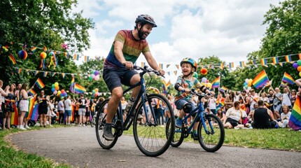 Fototapeta premium a low-angle view of the father and son enjoying their bike ride with laughter, framed against the vibrant park backdrop filled with pride decorations, creating a lively