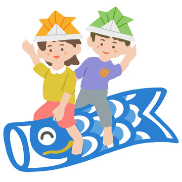 鯉のぼりに乗っている女の子と男の子