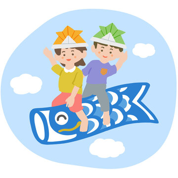 鯉のぼりに乗って空を飛ぶ男の子と女の子