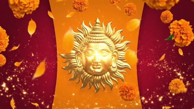 Maharana Pratap Jayanti, A clean minimalist composition featuring the royal Sun emblem of Mewar in the center, surrounded by floating marigold petals and subtle sparks