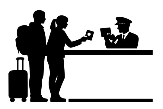 Two People Checking in at Airport Counter Illustration
 空港カウンターで手続きする二人のイラスト