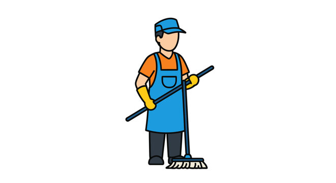 Janitor in Uniform with Broom and Gloves Holding Cleaning Equipment Ready for Work