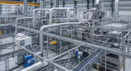 Fototapeta premium Complex industrial manufacturing facility with intricate machinery and conveyor systems
