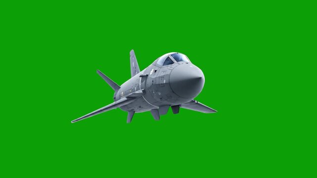 A detailed 3D model of a modern military jet fighter flying, isolated against a chroma key green screen background. Ideal for gaming, action-oriented motion graphics, defense industry presentations, o