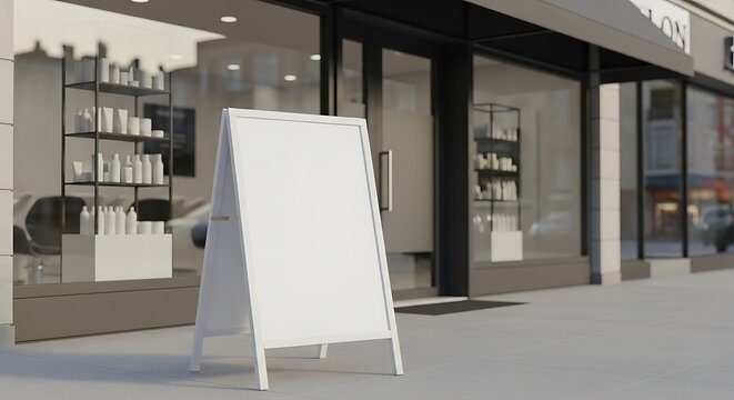 Empty retail storefront with blank signage easel for custom branding and advertising display