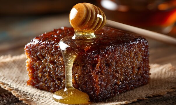Warm sticky date cake soaked vanilla bourbon syrup clean professional stock photo sharp macro photography style cinematic realism ultra photorealistic no text no watermark
