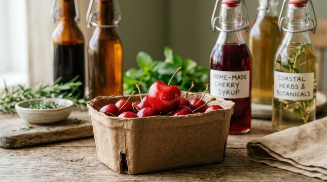 an intimate close-up of a cherry in a paper punnet, showcasing its glossy texture and vivid red hue against a softly blurred background of swing-top bottles filled with
