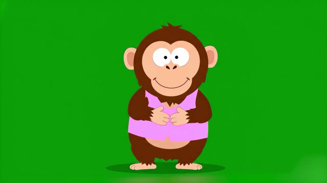 A cute 2D animation of a happy monkey character in a pink tank top doing a cheerful dance, moving its arms in a rhythmic pattern. Isolated on a chroma key green background, this asset is designed for 