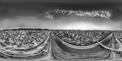 Fototapeta premium Full 360° drone panorama of Kyoto from Gion at night, highlighting traditional architecture, glowing city lights, and urban skyline