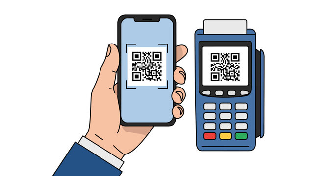 Modern mobile payment transaction with smartphone and payment terminal featuring QR codes for contactless purchases