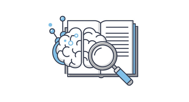 Brain with magnifying glass on book.